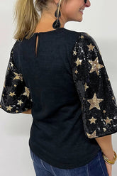 Schwarze Bluse mit halblangen Ärmeln und Pailletten-Flicken